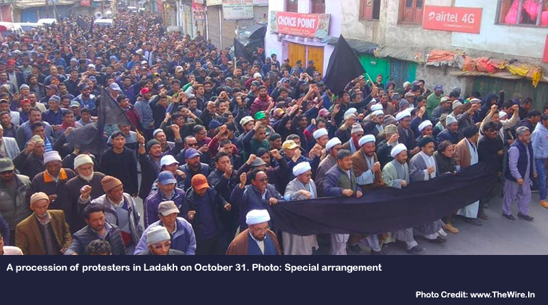 A procession of protesters in Ladakh