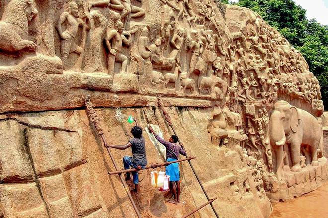 Monuments at Mamallapuram were cleaned in anticipation of Chinese President Xi Jinping’s visit in the weekend.