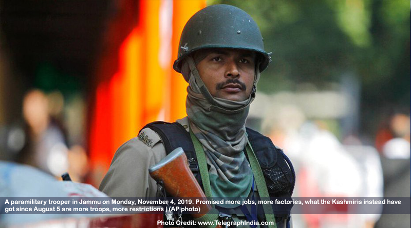 A paramilitary trooper in Jammu on Monday, November 4, 2019. Promised more jobs, more factories, what the Kashmiris instead have got since August 5 are more troops, more restrictions