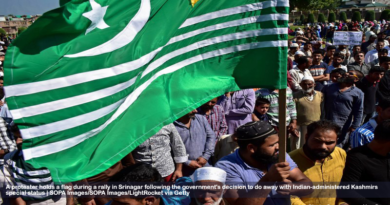 A protester holds a flag during a rally in Srinagar following the government's decision to do away with Indian-administered Kashmir's special status