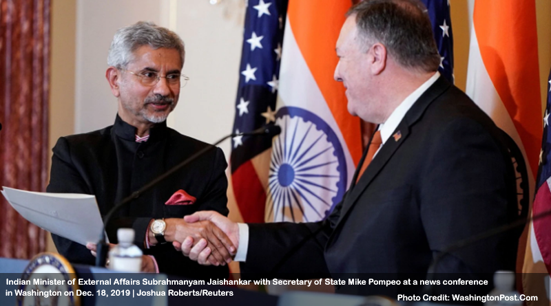 Indian Minister of External Affairs Subrahmanyam Jaishankar with Secretary of State Mike Pompeo at a news conference in Washington on Dec. 18, 2019