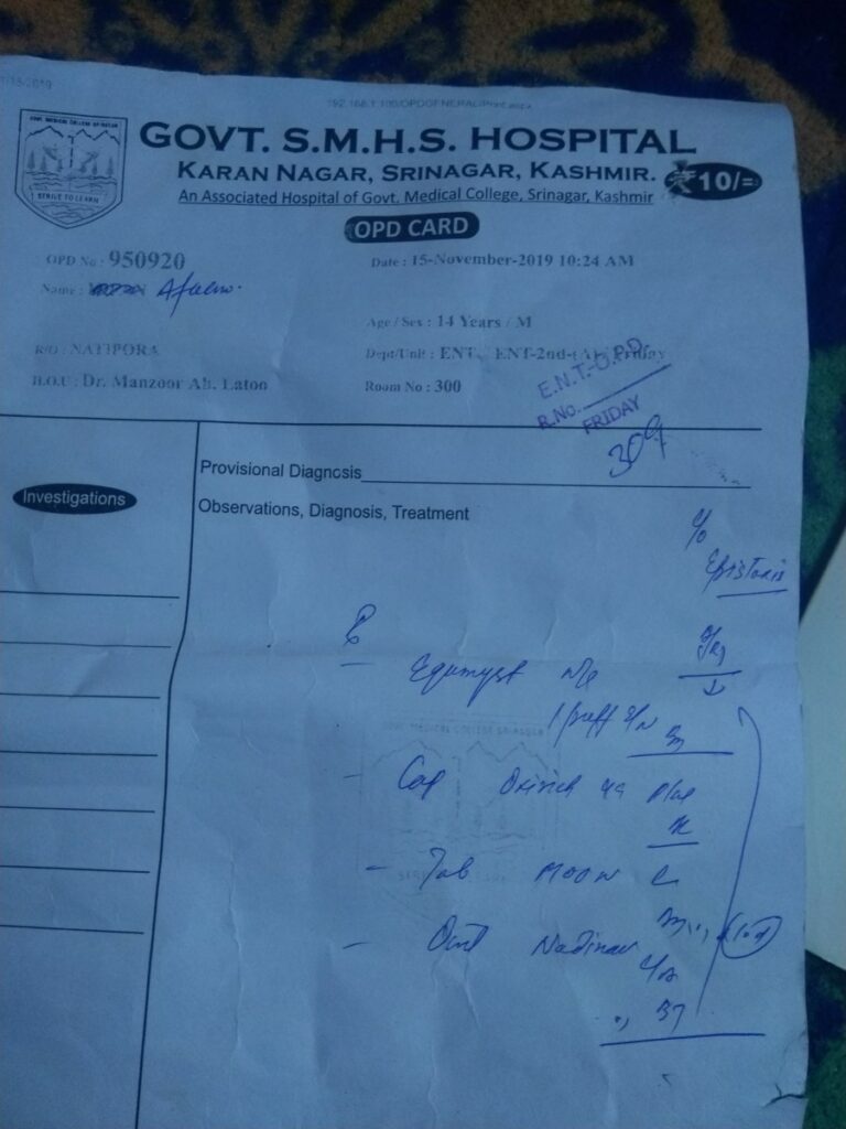 Mustafa’s medical report. He has been having nose bleeds since his release from police custody. Photo: Kaisar Andrabi