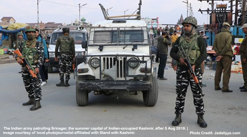 The Indian army patrolling Srinagar, the summer capital of Indian-occupied Kashmir, after 5 Aug 2019